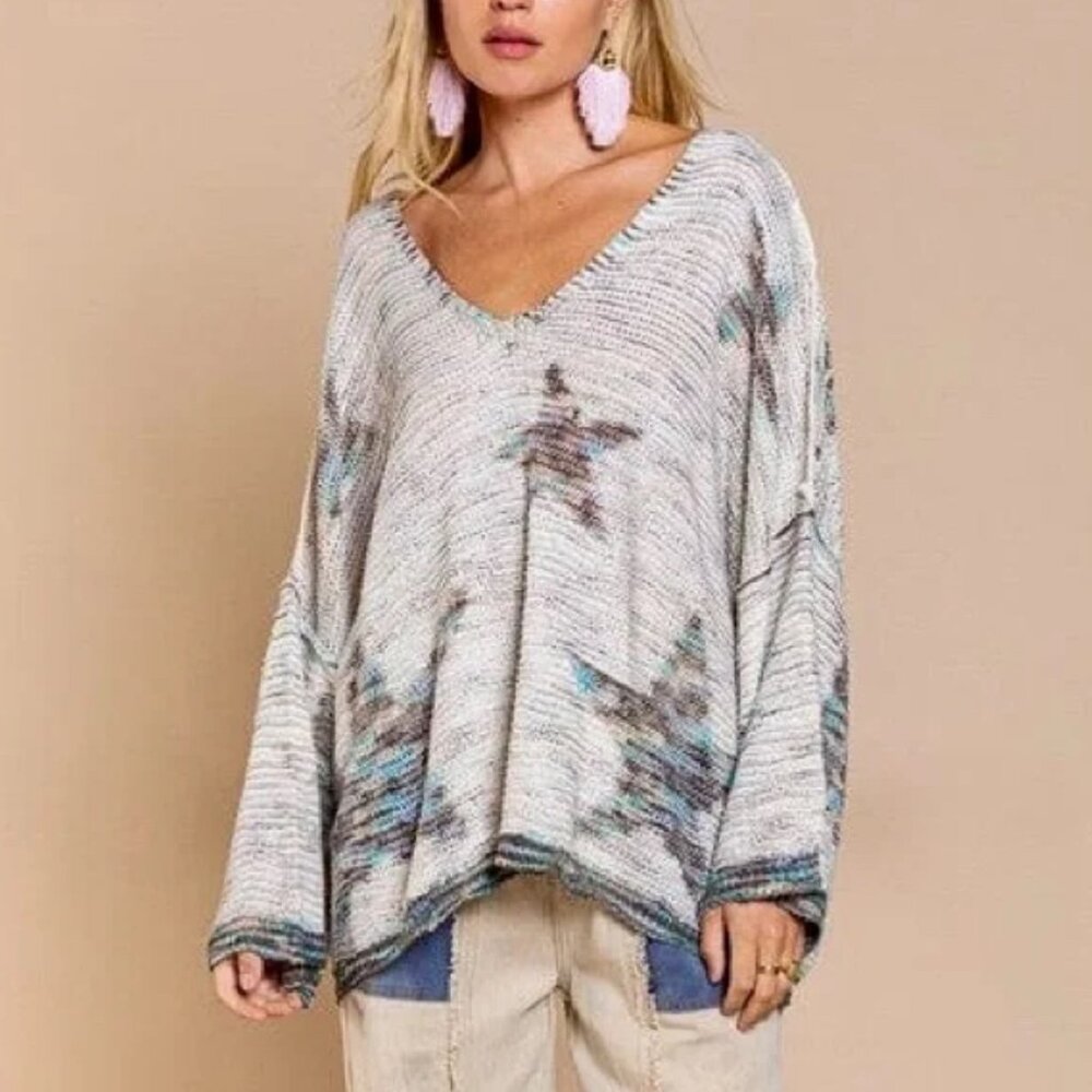 NEW LADIES SIZE S POL CREAM GRAY TURQUOISE STAR KNIT SHORT SLEEVE SWEATER MST225
